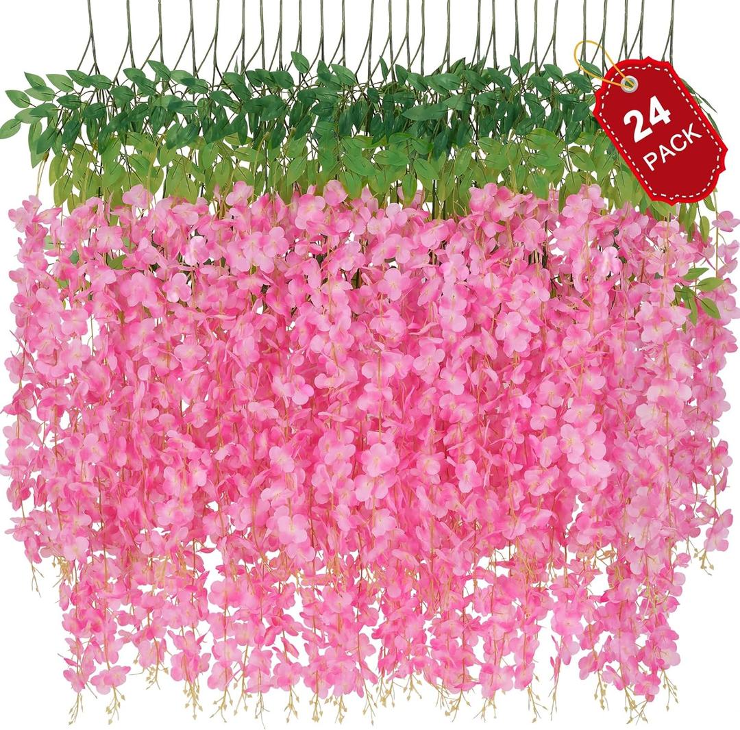 Waipfaru Wisteria Hanging Flowers, Fake Flowers, 24 Pack 3.6 Feet/Pcs Pink Wisteria Artificial Flowers, Fake Flowers Garland, Hanging Vines for Bedroom Wedding Home Party Wall Decoration