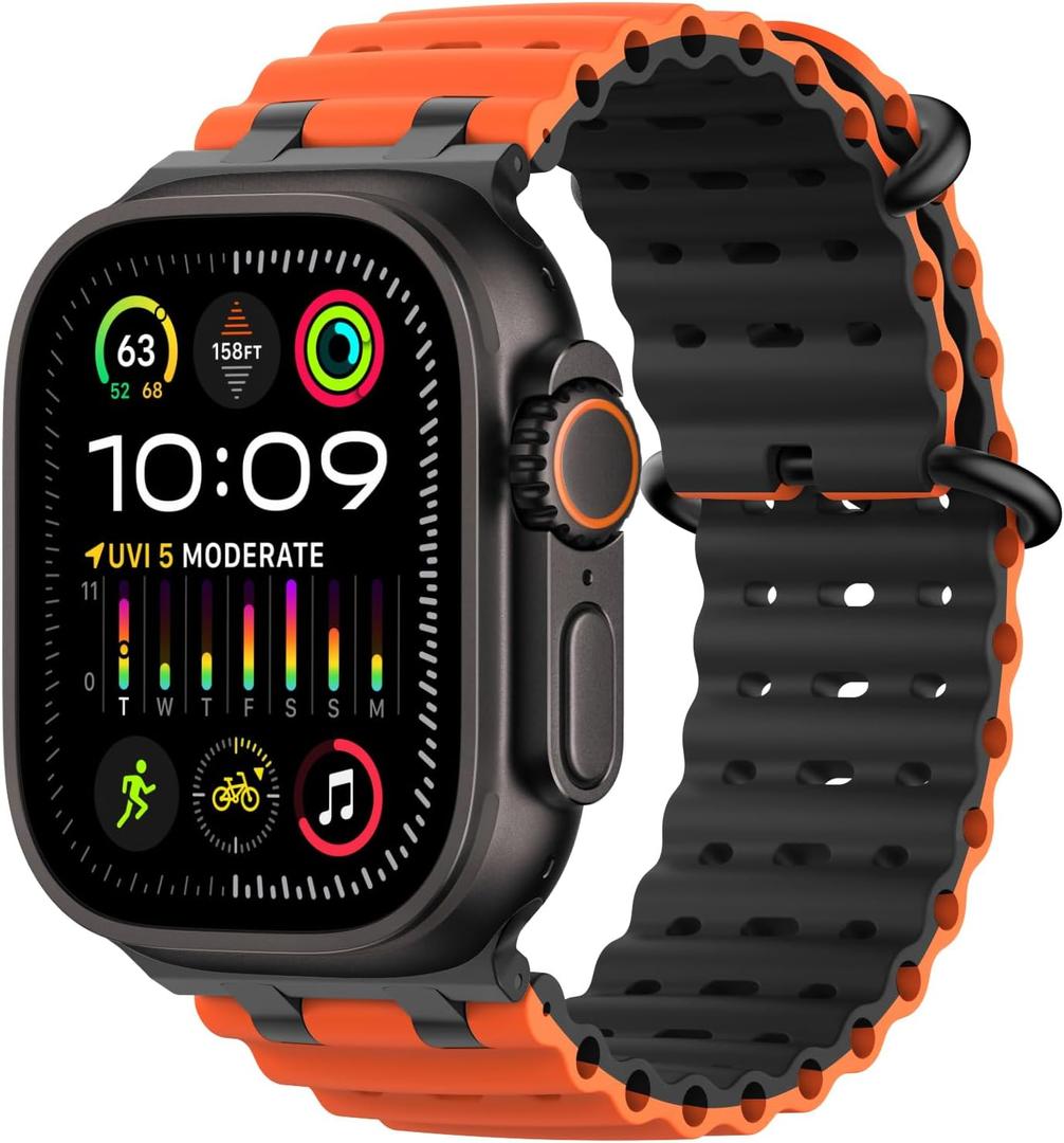 MoKo Ocean Band Compatible with Apple Watch Ultra 3/2/1 49mm, Upgraded Silicone Sports Bands 46mm 45mm 44mm for Men Women, Series 11/10/9/8/7/6/5 SE3/2/1 Breathable Strap with Metal Connector (Extended, Black/Orange&Black)