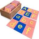 Montessori Sandpaper Letters | Lowercase and Uppercase | PP Wood Tiles | Vowel Consonant Color Coded | Includes Storage Box