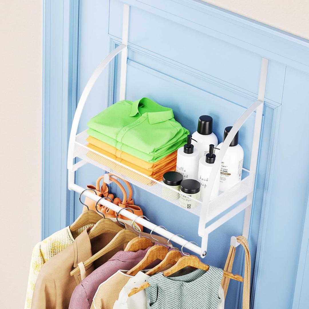 Over The Door Clothes Hanger Drying Rack, Over Door Drying Rack with Storage Basket and Hooks for Hanging Towels, Coats & Clothes, Door Hanger Organizer for Bathroom Laundry Dorms Washroom (White)