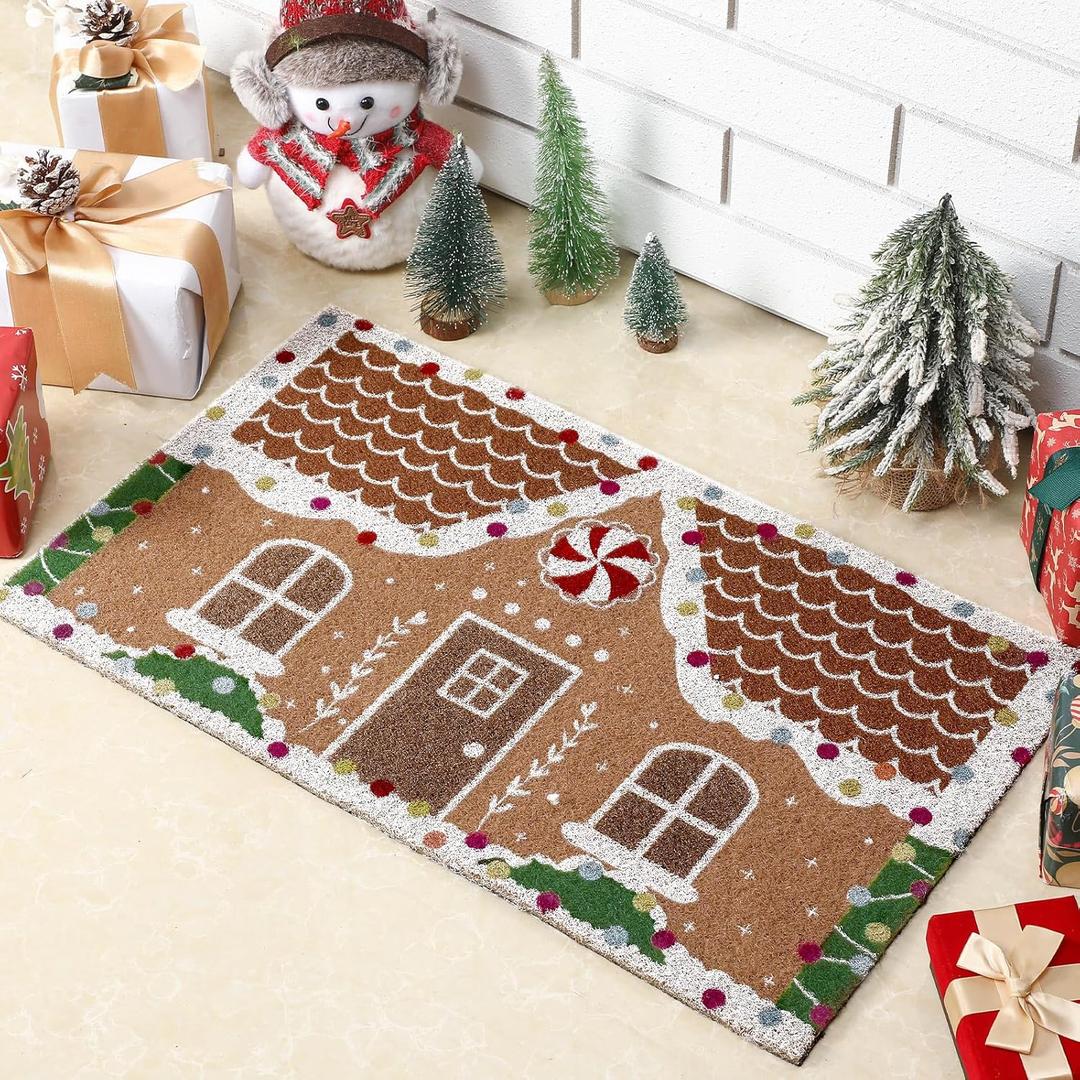Tinideya Christmas Gingerbread House Doormat 23.6 x 13.7 Inch Cute Brown Christmas Welcome Artificial Coir Door Mat Gingerbread Non Slip Entrance Rugs for Indoor Outdoor Bathroom Kitchen Decor