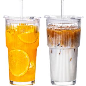 20oz Glass Tumblers with Straws and Lids 2 Pack, Ribbed Glass Cups, Leak Resistant Iced Coffee Cups, Thick Reusable Drinking Glasses, Fits Car Cup Holder, Clear Travel Coffee Cups