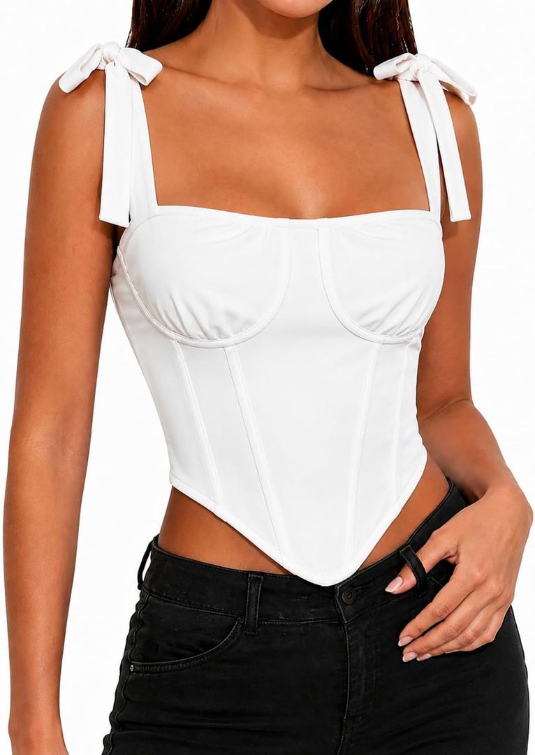 SOFIA'S CHOICE Women's Corset Top Tie Shoulder Bustier Tank Top Square Neck Sleeveless Crop Top Going Out White X-Large 