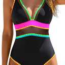 Daci Colorful Black Block Women's One Piece Swimsuits Tummy Control - Neon Color Block Swimwear Sexy Mesh V Neck Athletic Bathing Suit 2026 L (L)