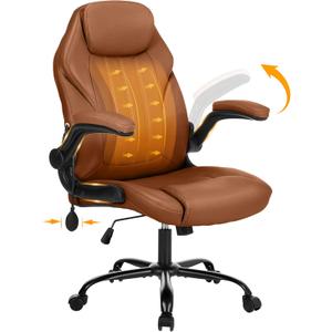 Office Desk Chair, Ergonomic Computer Chair with Padded Flip-Up Arms and Adjustable Lumbar Support, PU Leather Executive Chair with Tilt Lock and 360 Swivel Rolling Wheels for Work, Study (Brown)