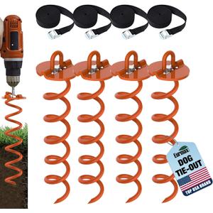 Eurmax USA 4-Pc Pack Spiral Stakes Heavy Duty Anchor Kit Ice Screw Anchor for Trampoline, Tents, tarps, Canopies,car Ports,Dog tie Out and etc Bonus Tie Down Straps 4-Pc Pack (Orange)