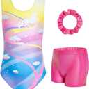 JiAmy Girls Gymnastics Leotards, Glitter Ballet Dance Unitards Biketards Activewear with Short & Hairband for Kids
