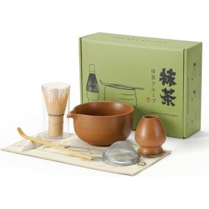 LAMU 7 Pcs Ceramic Matcha Set, Bamboo Matcha Kit for Tea Lovers with Bowl, Whisk, Holder, Scoop, Rest, Sifter, Tea Towel