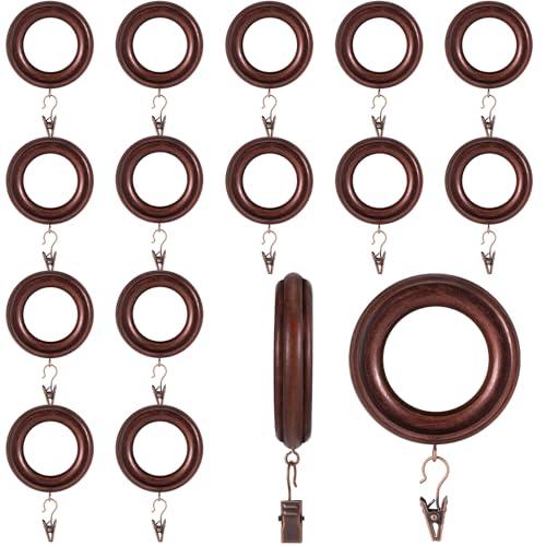 16 Pack Curtain Rod Rings Wooden with Drapery Clips 2.95 Inch Outer Diameter Beech Wood Carved Drapes Rings 1.7 Inch Interior Diameter for 1-1.5 Inch Curtain Rod Pole (Black)