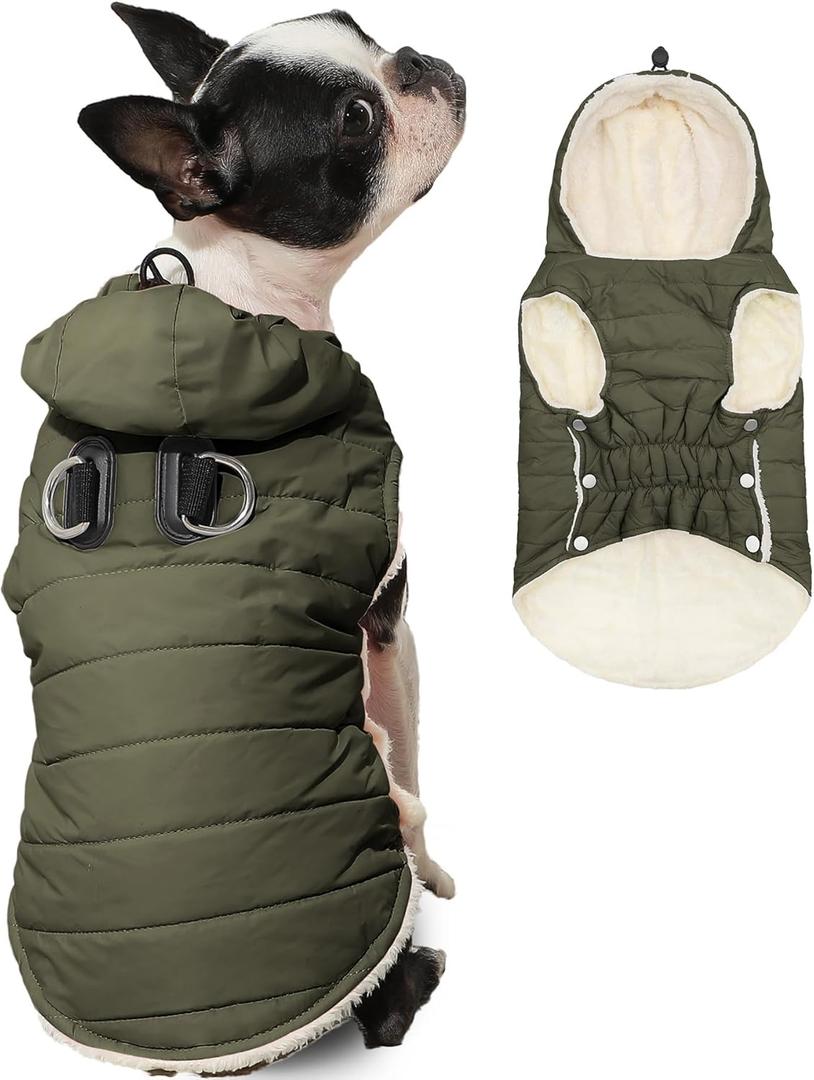 Fleece Lining Dog Hoodie with Harness Built in,Extra Warm Small Dog Jacket in Winter Puppy Coats with Drawstring Hooded,Green S (Small (Pack of 1))