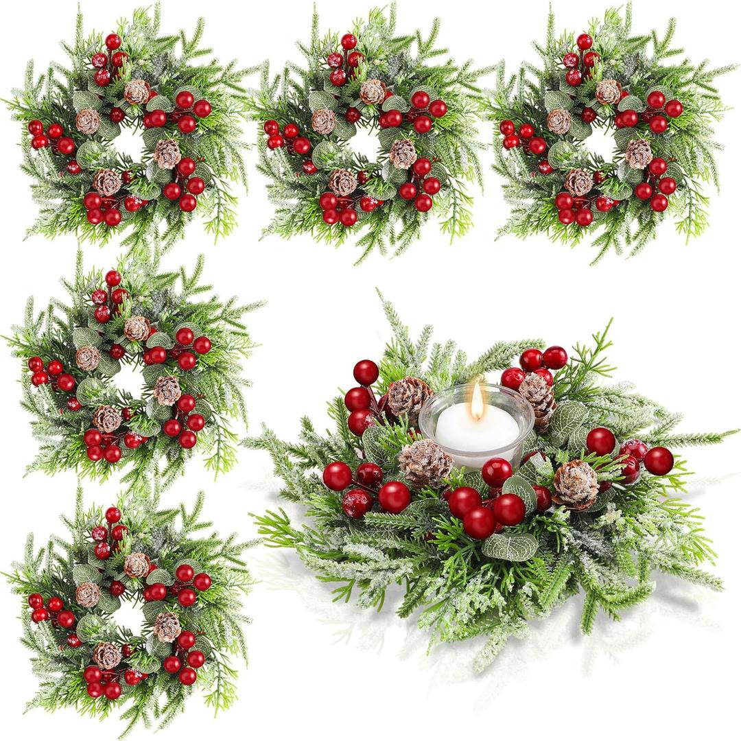 Lyrow 6 Pcs Christmas Candle Rings Wreath Xmas Kitchen Cabinet Mini Wreath Artificial Berries Snowy Pine Candle Ring Holder for Christmas Chandelier Home Table Centerpiece Indoor Decor