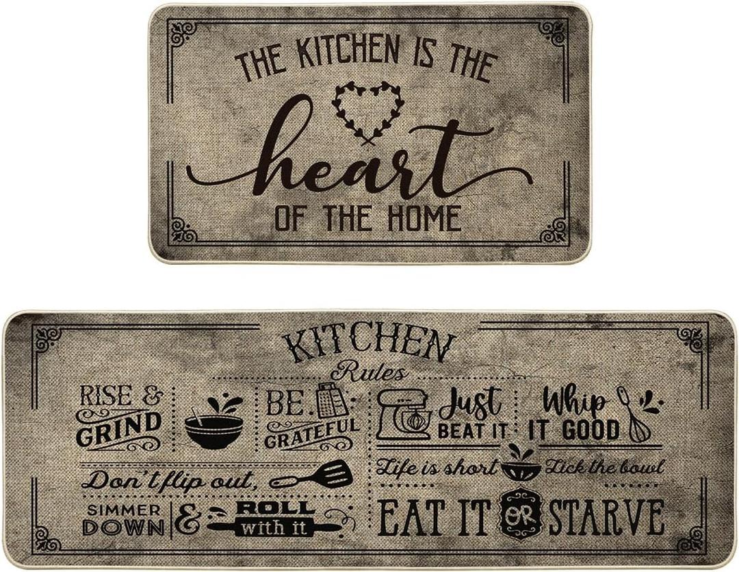 Artoid Mode Kitchen Quotes Kitchen Mats Set of 2, Seasonal The Kitchen is The Heart of The Home Cooking Sets Holiday Party Low-Profile Floor Mat - 17x29 and 17x47 Inch (Beige)