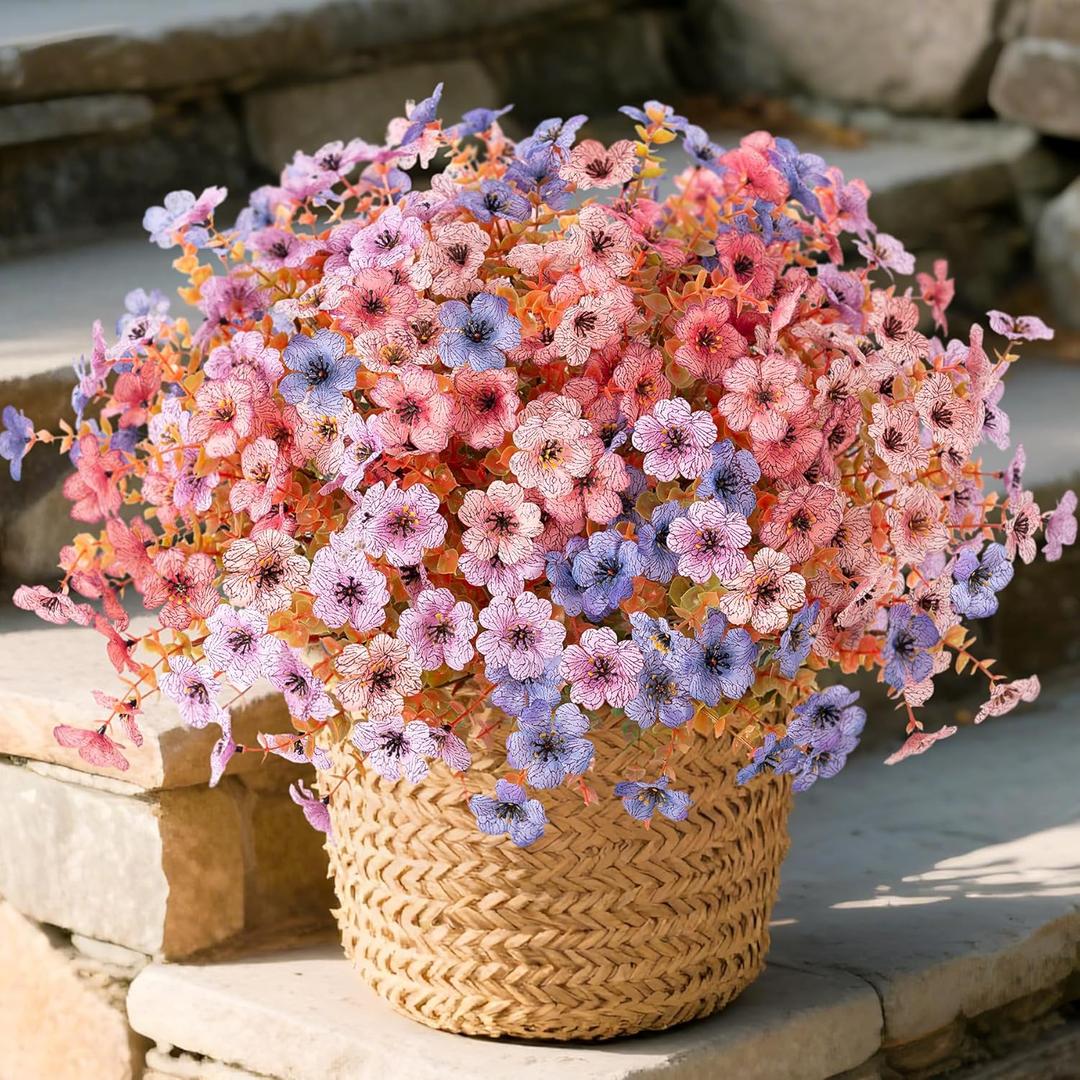 Fake Fall Mums Flowers Artificial for Outdoor Decoration 12 Bundles Faux Fall Mums Flowers for Outdoor Planters Silk Orange Daisy UV Resistant for Porch Front Door Patio Outside Yard Dcor (Blue Purple Pink White)