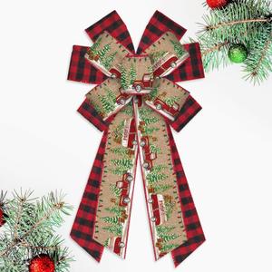 Large Christmas Bow for Wreath, 11.42 inch  20.86 inch Red Black Buffalo Plaid Bow with Truck and Tree Design, Wired Craft Bow for Christmas Tree, Front Door, Holiday Home Dcor