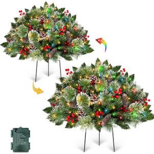 2 Pack 24" Lighted Christmas Tree Outdoor Urn Filler with Timer 8 Modes Warm White & Multi-Color Change Lights Snowy Pinecone Berries Tripod Stake Xmas Trees Planter Filler Christmas Decor Yard Porch