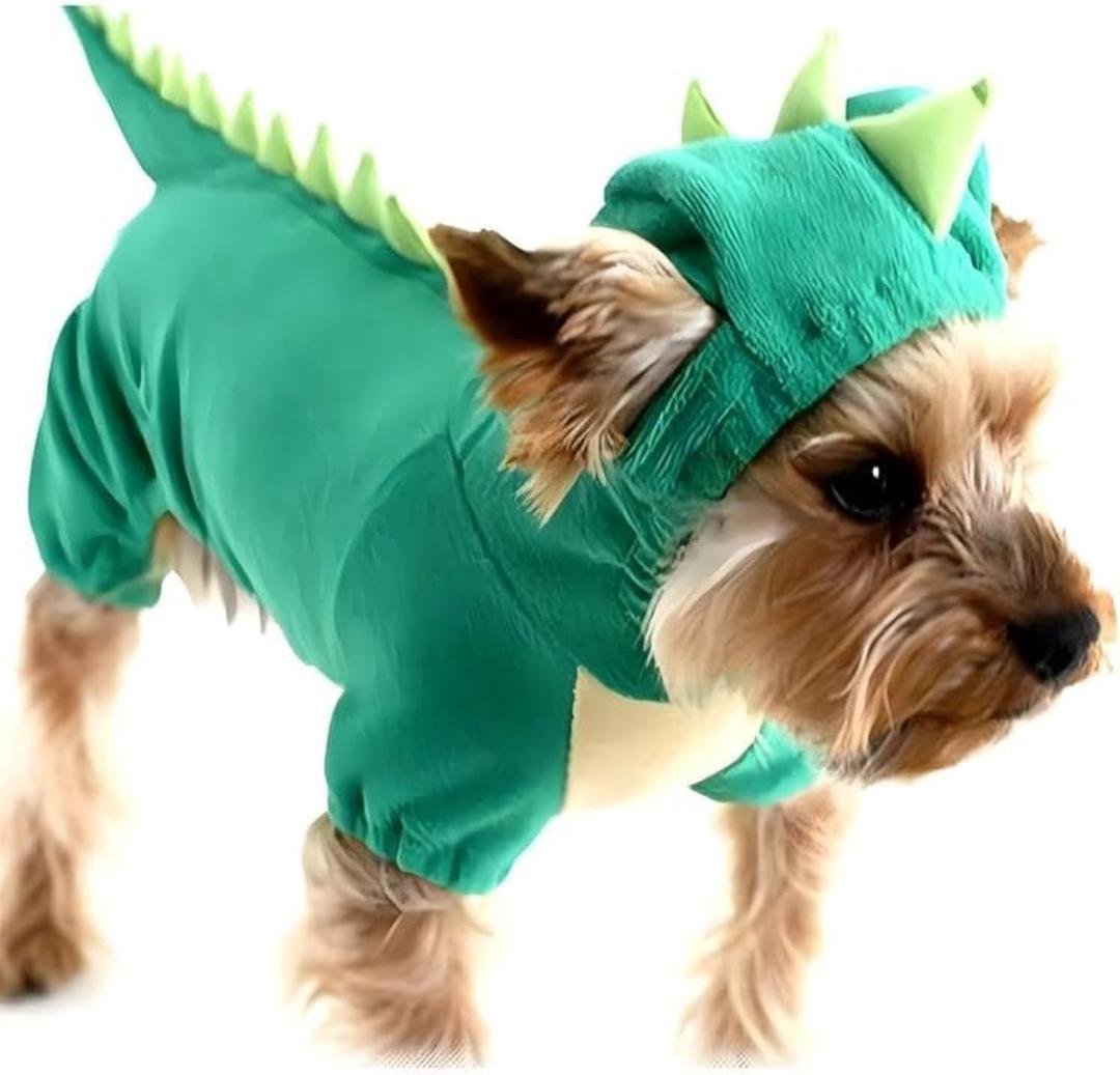 DELIFUR Dinosaur Dog Halloween Costume Pet Dino Hoodie for Small Dogs Cats (S, Green)