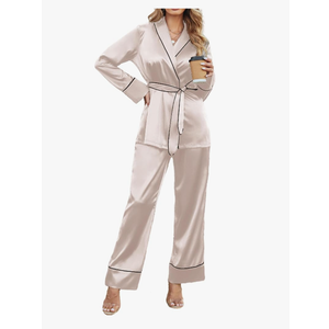 Ekouaer Satin Lounge Sets for Women 2 Pieces Silk Pajamas Set Long Sleeve Top with Pants Outfits with Belt, L