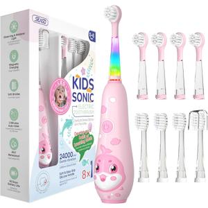 SEAGO Kids Electric Toothbrushes Rechargeable, Toddler Electric Toothbrush with Magnetic Charging, LED Observing Light, 8 Toothbrush Heads for Ages 2-4-6 Boys Girls (Pink)