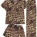 BEAUDRM Women's 3 Piece Leopard Pajama Set Cheetah Short Sleeve Button Down Shirts and Shorts Pants Set Size M