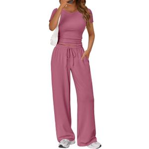 Trendy Queen 2 Piece Matching Summer Lounge Set Womens Side Ruching Top Wide Leg Pants Sets with Pockets, Small