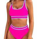 BMJL Women's High Waisted Bikini Sets Sporty Two Piece Swimsuits Color Block Cheeky High Cut Bathing Suits (M, Hot Pink)