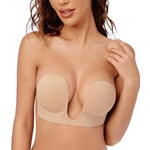 Wekofi Adhesive Plunge Backless Push Up Sticky Invisible Light Padded Bra(DD3, Brown)