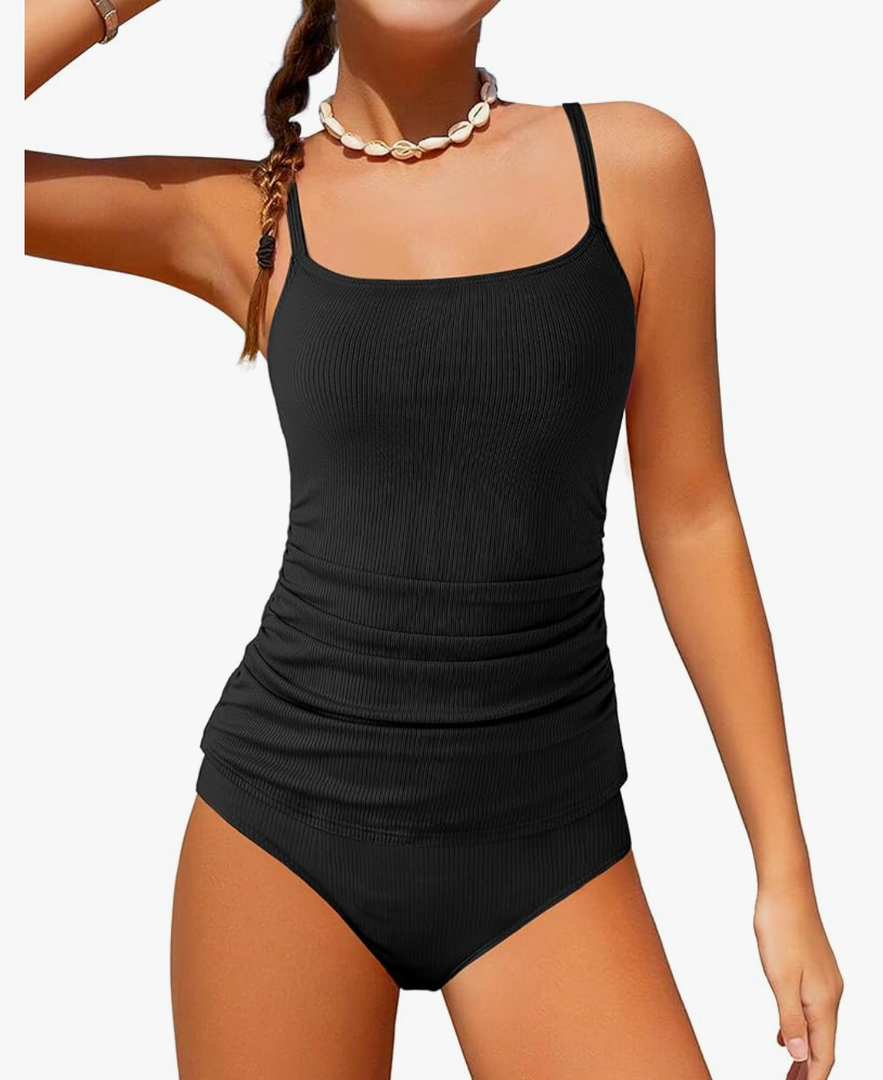 Girls Swimsuit 2 Piece Ribbed Solid Color Tankini Swimsuits Modest Swimwear Girl Bathing Suit for 9-16 Years