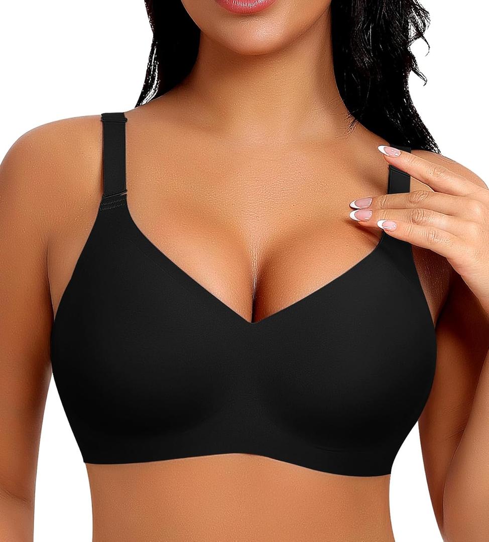 V Neck Wireless Bras for Women No Underwire Seamless Bra Full Coverage No Wire Tshirt Bras (Small, Black)