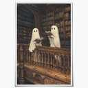 vintage halloween wall art Two cute ghosts in a library Canvas print romantic dark academia moody cottagecore horror posters for Halloween Party House Room Decor 12x18inch Unframed