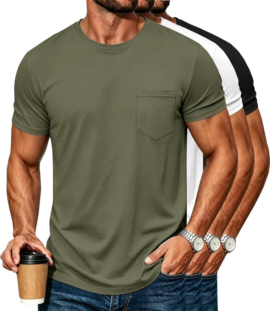 3 Pack Cotton T Shirts for Men Short Sleeve Mens Pocket T Shirts | Crew Neck T-Shirts, Breathable, Curved Hem, Perfect for Daily Wear, Dating, Working, Parties, Travels and Outdoor (XXL)