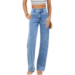 Sidefeel Women's Jeans High Waisted Straight Leg Stretchy Jeans Trendy Welt Pockets Loose Wide Leg Zimbaplatinum Denim Pants (10, Washed Light Blue)
