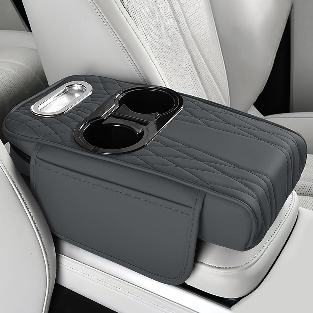 wuyaoyao Car Center Console Armrest Pillow, 13.78"7.48"2.56" Leather Arm Rest Cover for Cars, Memory Foam Auto Armrest Cushion Pad with Pocket, Cup Holder & Tissue Box, Car Accessories (Gray)