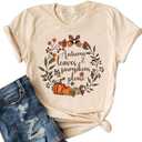 Fall Leopard Pumpkin Printed Shirts Women Thanksgiving Short Sleeve Graphic Tees Halloween Pumpkin T-Shirts Tops (Small, Beige-4)