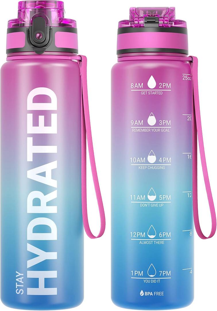 Sahara Sailor Water Bottle, 32/25/17oz Durable and Leakproof Water Bottles Motivational with Time Marker, Tritan, BPA Free, Wide Mouth with Easy Clean Brush for Gym, Travel, School, Office (1 Bottle) (25.4 Ounces, Aurora Borealis)