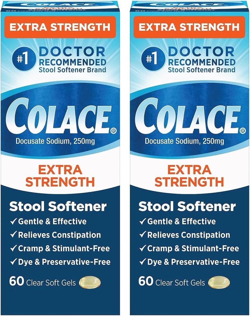 Colace Extra Strength Stool Softener, 60 Count (Pack of 2), Gentle Constipation Relief for Adults, 250 mg Docusate Capsules, #1 Doctor Recommended Stool Softener Brand
