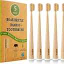 Boar Bristle Bamboo Toothbrush (5-Pack) - Natural Premium Wild Boar Bristles - 100% Biodegradable & Eco-Friendly - No Plastic, No Nylon - Self-Standing Design - Natural Toothbrushes