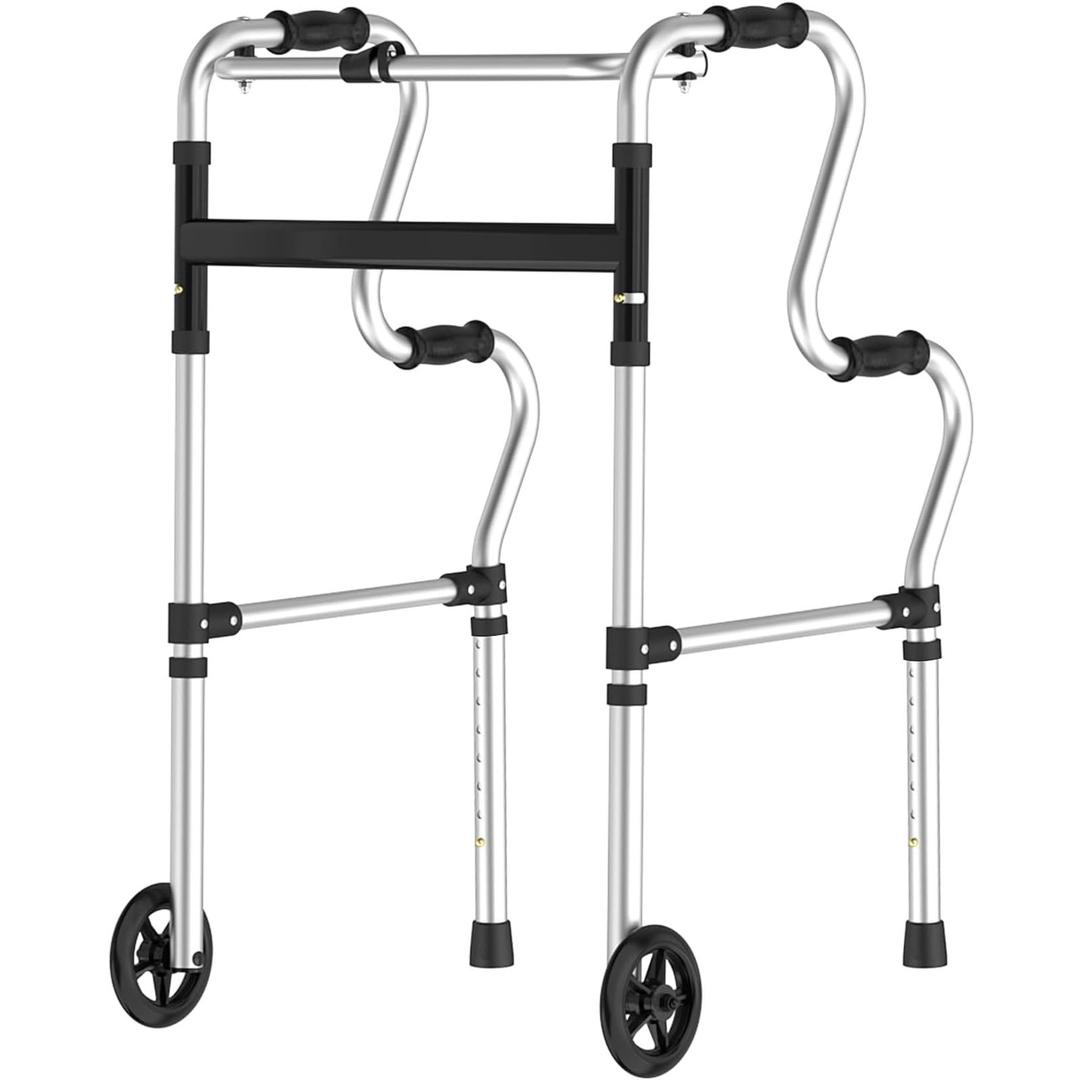 Walkers for Seniors, Folding Walker, Narrow Walkers for Small Spaces, Standard Walker Height Adjustable, Front Wheeled Rolling Walker, Upright Mobility Aid for Seniors and Handicap, Up to 300 Pounds (300Lbs/Aluminum Alloy)