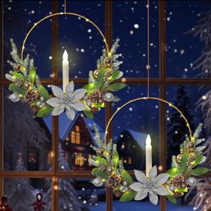 2 Pack Christmas Wreath for Front Door 17" Prelit Christmas Door Wreath with Candle Lights Silver Flower Artificial Hoop Wreaths Outdoor Xmas Winter Wreath for Window Fireplace Holiday Decor