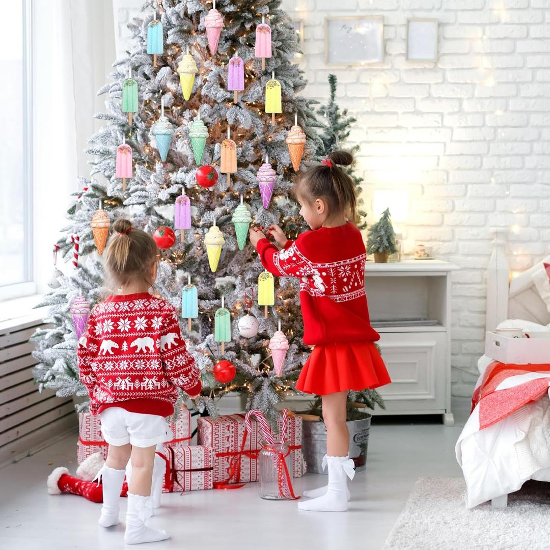 6 Pcs Christmas Tree Ice Cream Cupcake Ornaments, Glitter Color Ice Cream Glass Hanging Ornaments, Pastel Color Candy Dessert Pendant Decor for Xmas Holiday Birthday Home Party Decoration with 3 Ball Ornaments Included