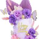 32 PCS Boho Cake Topper Flower Cake Toppers Palm Leaves Butterfly Balls Butterfly Cake Topper Purple Cake Decorations Baby Shower Fall Wedding Birthday Party Supplies (Purple)