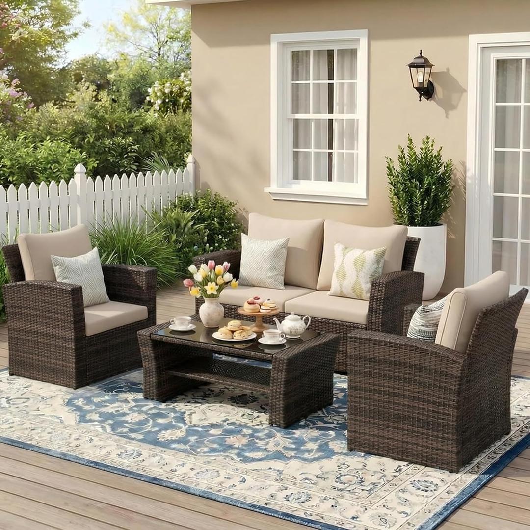Wisteria Lane Patio Furniture Set, Wicker Outside Outdoor Furniture for All Weather, Patio Sofa with High Backrest Support and Wide Armrest for Backyard, Balcony, Deck, Porch, Brown (4)