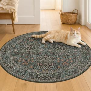 Washable Round Area Rug 5ft for Living Room, Bedroom, Soft Ultra-Thin Non-Slip Vintage Circle Carpet for Kitchen Nursery, Dark Green Boho Floral Dcor