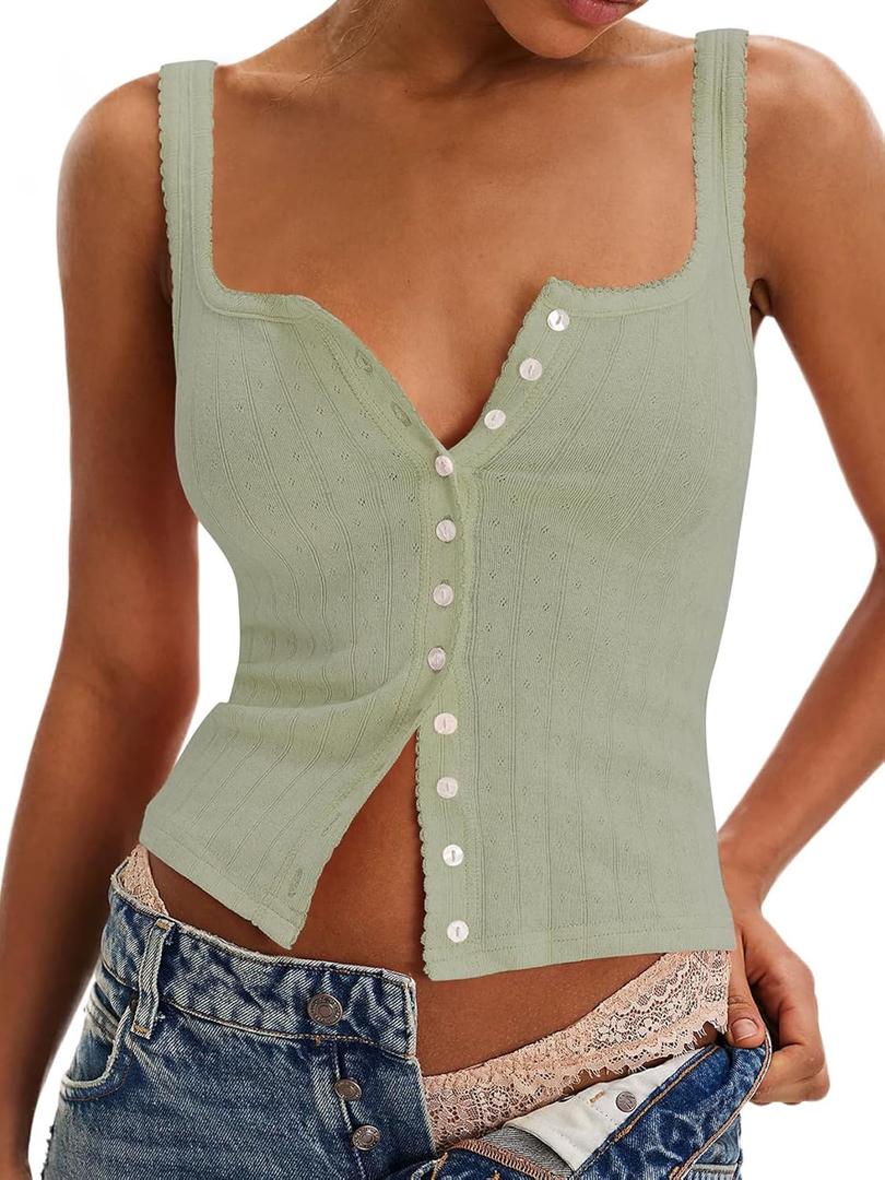 Women's Tank Tops Fitted Summer Sleeveless Button Down Vest Tops Trendy Henley Shirts Beach Vacation Outfit 2025 (Army Green)