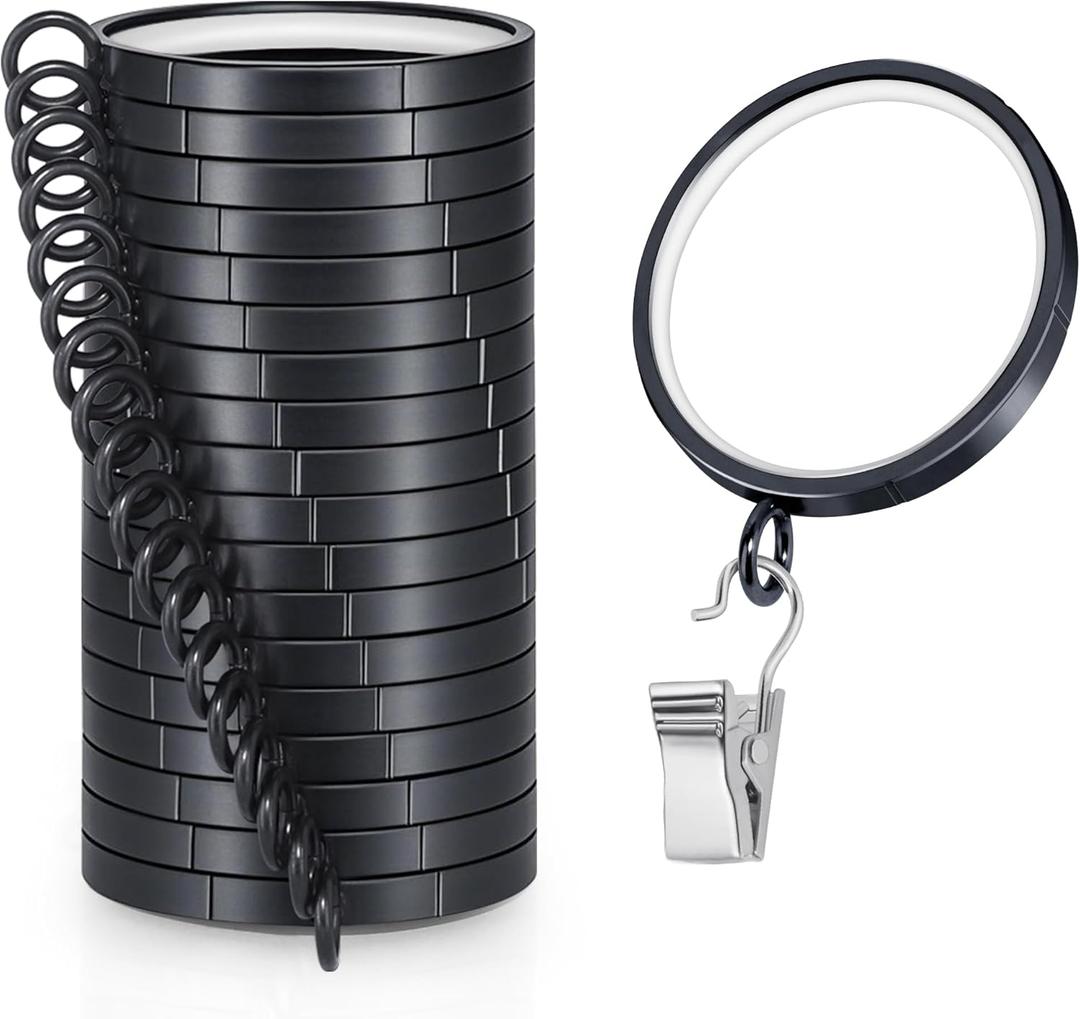 Curtain Rings with Clips,18 PCS Luxury Drapery Clips with Rings-Premium Metal with Quiet,Smooth Nylon Inserts,1 7/10" Inside Diameter,Fits up to 1.5inch Rod,Black