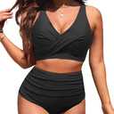 Yonique Women High Waisted 2 Piece Bikini Set Tummy Control Full Coverage | Removable Cups, Smoothing Gathered Midsection, Figure-Flattering Front Ruching, and a Stylish V-neck Wrap Top, L