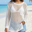 SOCIALA Women's Bathing Suit Crochet Beach Coverup Casual Scoop Neck Long Sleeves Bikini Swimsuit Cover Up White Small (S)