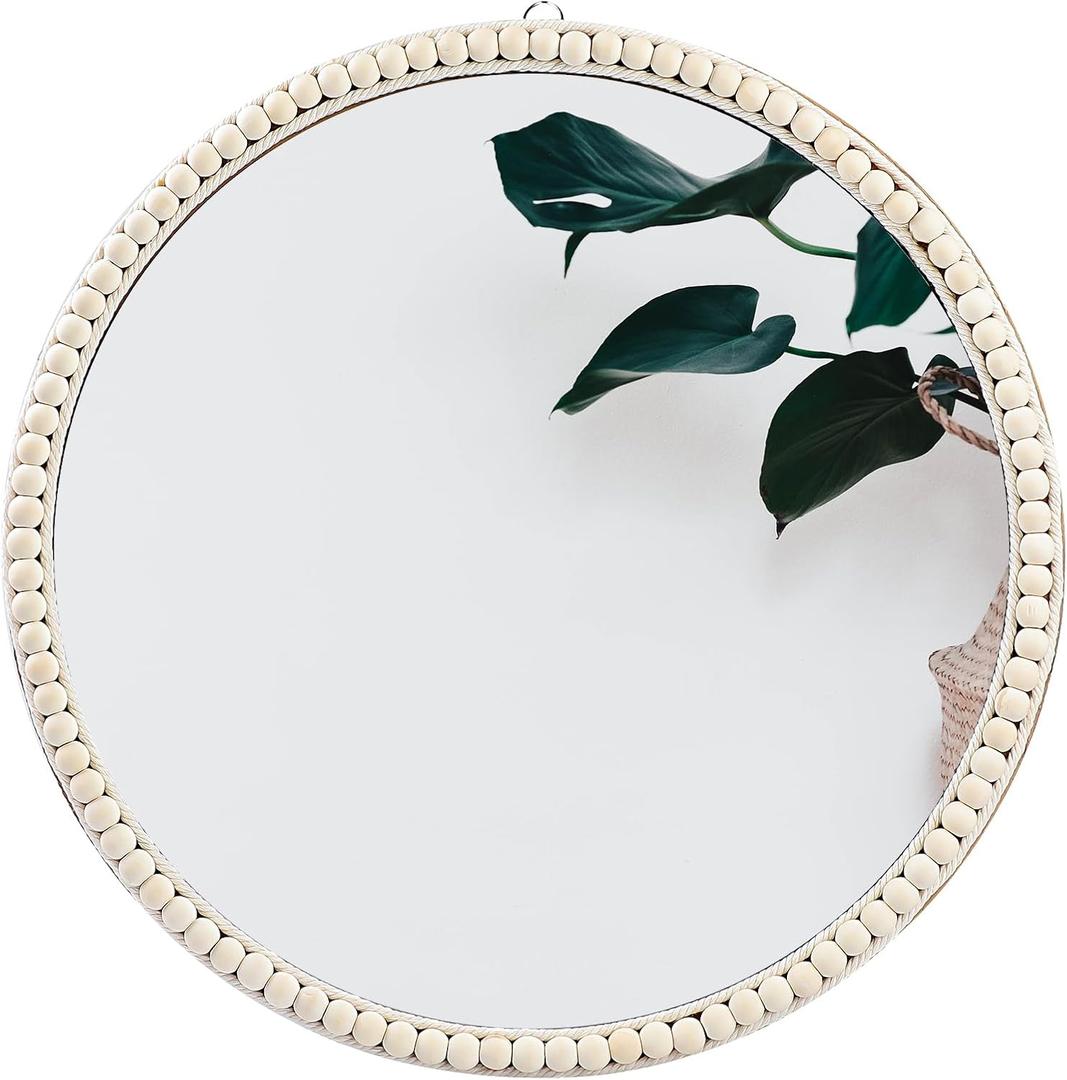 SWTHONY 20 Inch Boho Beaded Round Mirror Wall Decor, Decorative Hanging Circle Nursery Mirrors for Girl Room, Farmhouse, Livingroom, Bedroom