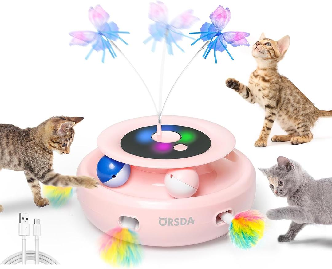 ORSDA Cat Toy, 3-in-1 Automatic Interactive Electronic Moving Ambush Feather, Fluttering Butterfly, Track Balls, USB Rechargeable Powered Smart Indoor Exercise Kicker (Pink)