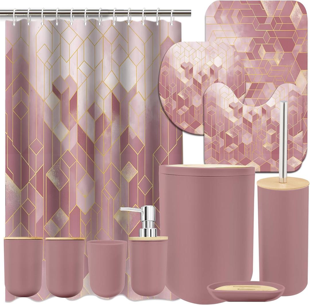 23 Piece Complete Pink Bathroom Set with Shower Curtain,Rugs & Accessories