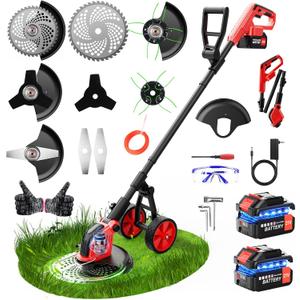 20000 RPM Electric Weed Eater Battery Powered,12″ Brushless Electric Weed Wacker Cordless Wheeled String Trimmer,4 in 1 Grass Trimmer/Brush Cutter/Grass Edger/Stringless Weed Trimmer 5 Blade,2 Battery